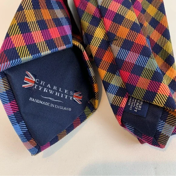 Charles Tyrwhitt Wool Silk Tie Multicolor Gingham Plaid Rainbow 58"L x 3.5"W - Picture 2 of 5